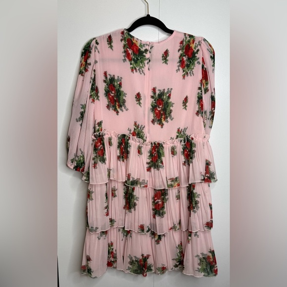 GANNI Floral-Print Pleated Georgette Ruffle Tiered Short Dress Size US 4 - Picture 10 of 14
